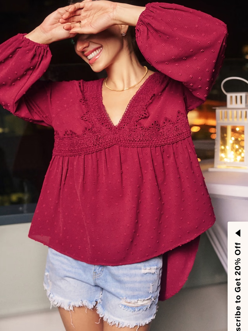 Cupshe Wine Red Lace-Trim V-Neck Blouse